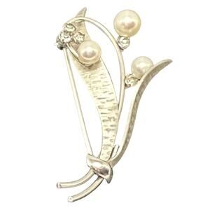 Krementz Pearl & Rhinestone Floral Brooch Silver Tone Signed Vintage